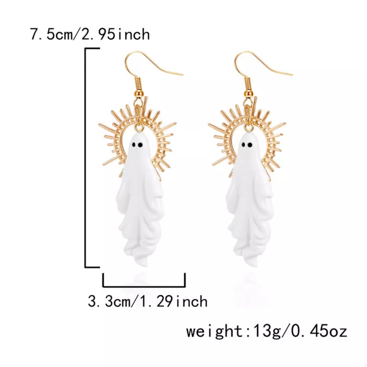 Halloween Sunburst Ghost Drop Earrings by Trendsi featuring spooky ghost and sunburst charm, perfect for Halloween accessories.
