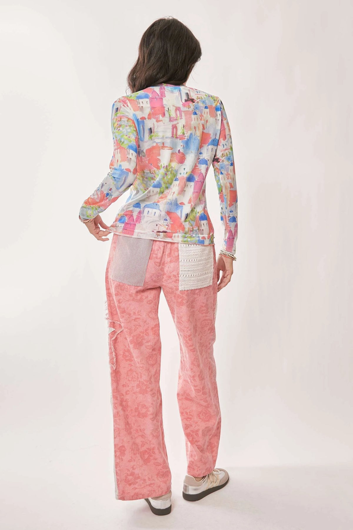 Davi & Dani multi printed mesh long sleeve round neck top with vibrant patterns, stylish and lightweight for casual wear