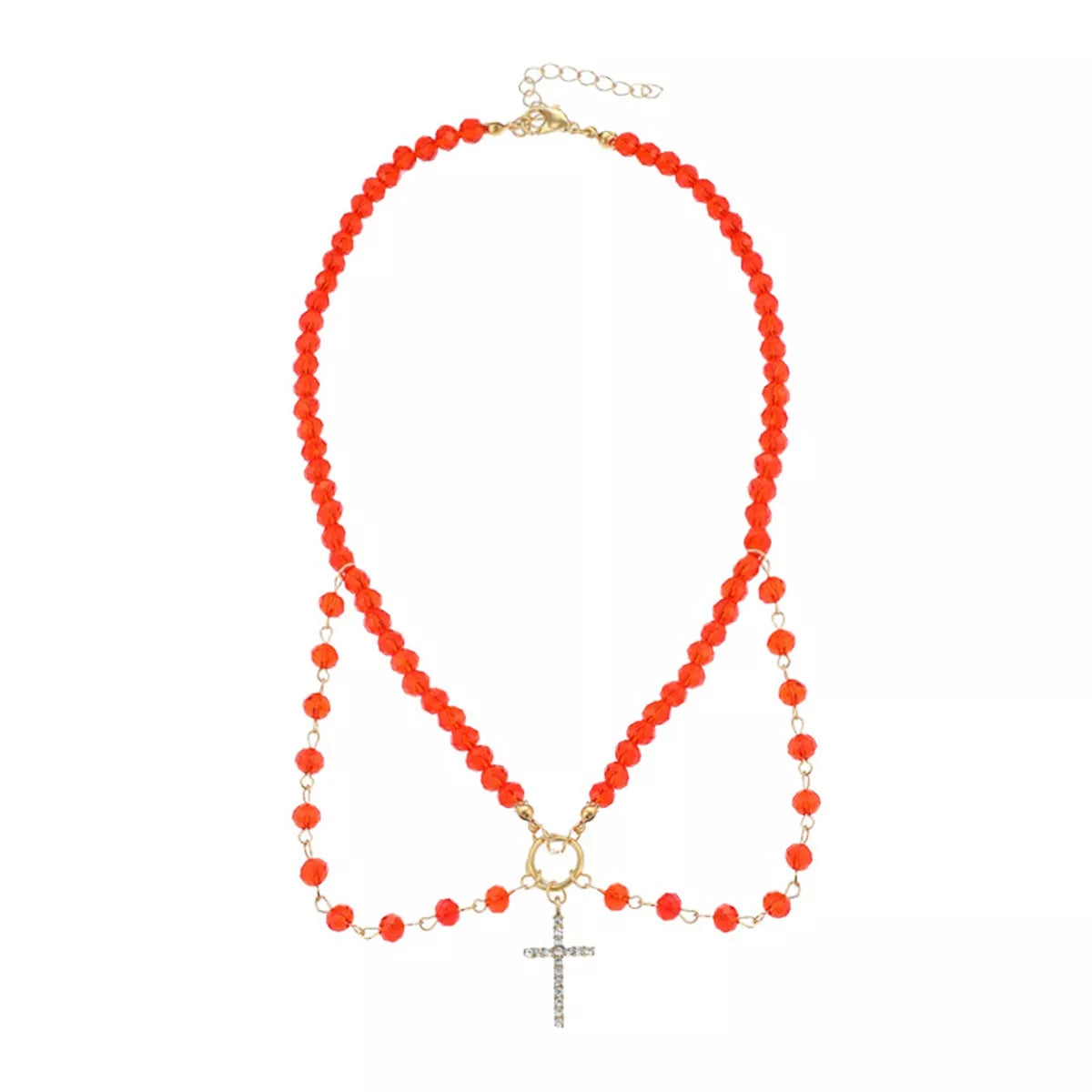 Halloween beaded cross pendant necklace from Trendsi featuring black beads and a silver cross charm on a chain.