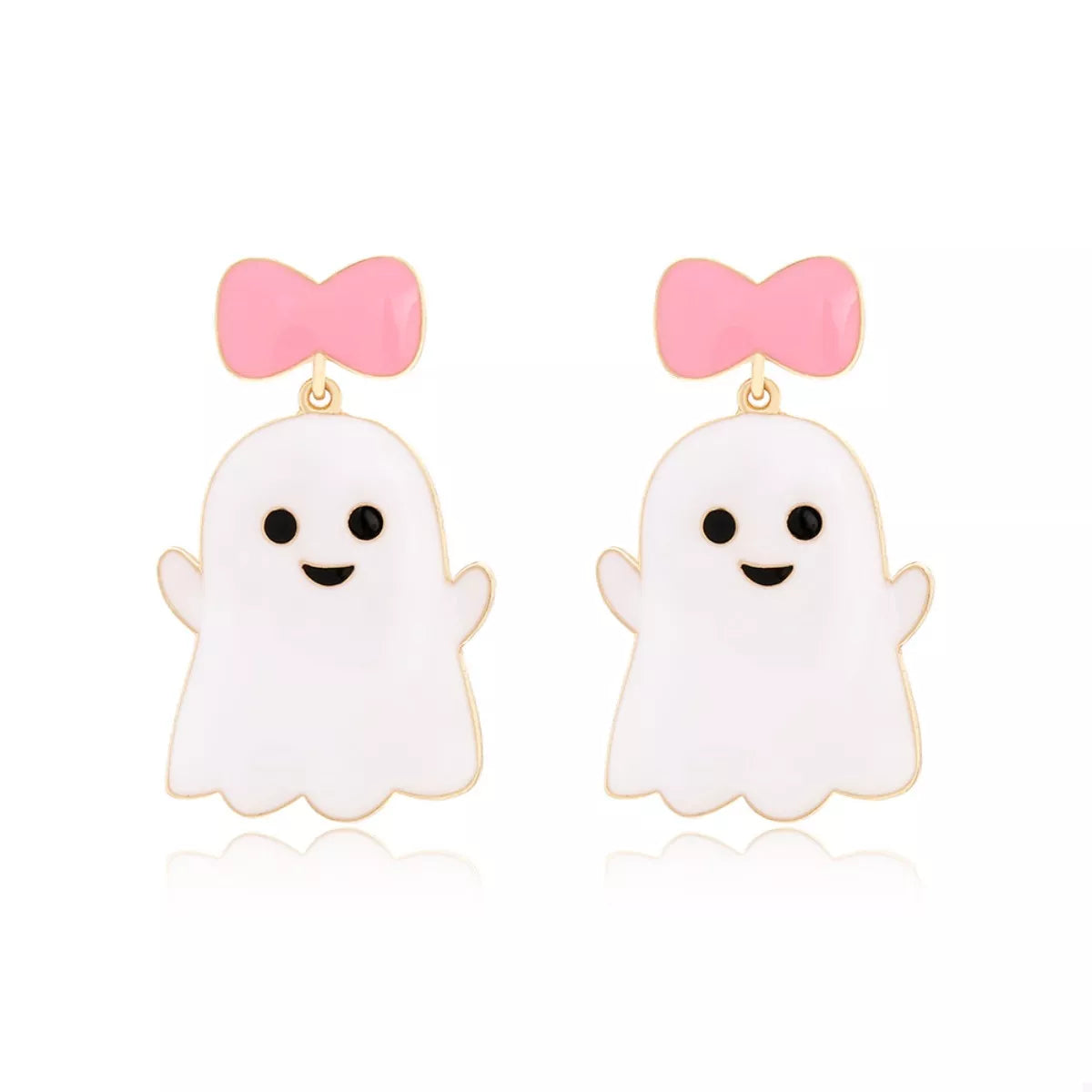 Halloween ghost dangle earrings with bow featuring white ghost figures and black bows, stylish accessory for spooky season.