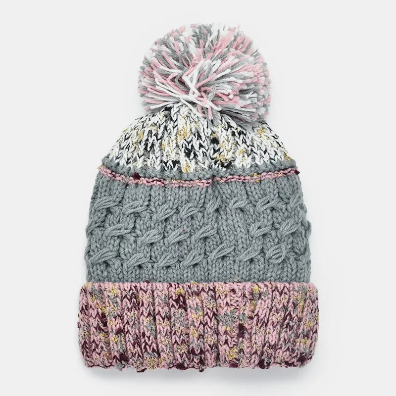 Contrast thermal hat with pompom by Trendsi featuring a cozy knit design and playful pompom on top.