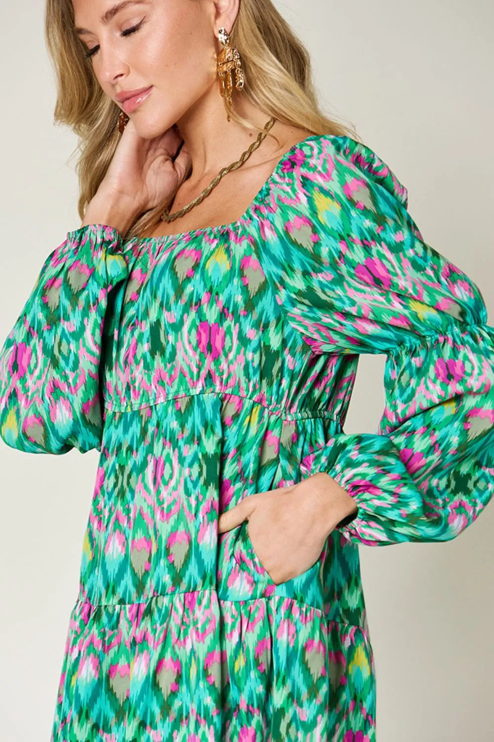 Printed long sleeve dress from Trendsi's Double Take collection, featuring a full size, stylish design and comfortable fit.