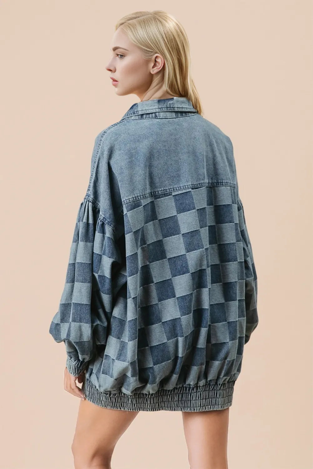 Checkered denim jacket from Trendsi with double take design, button-up front, and classic collar, styled in a casual look.