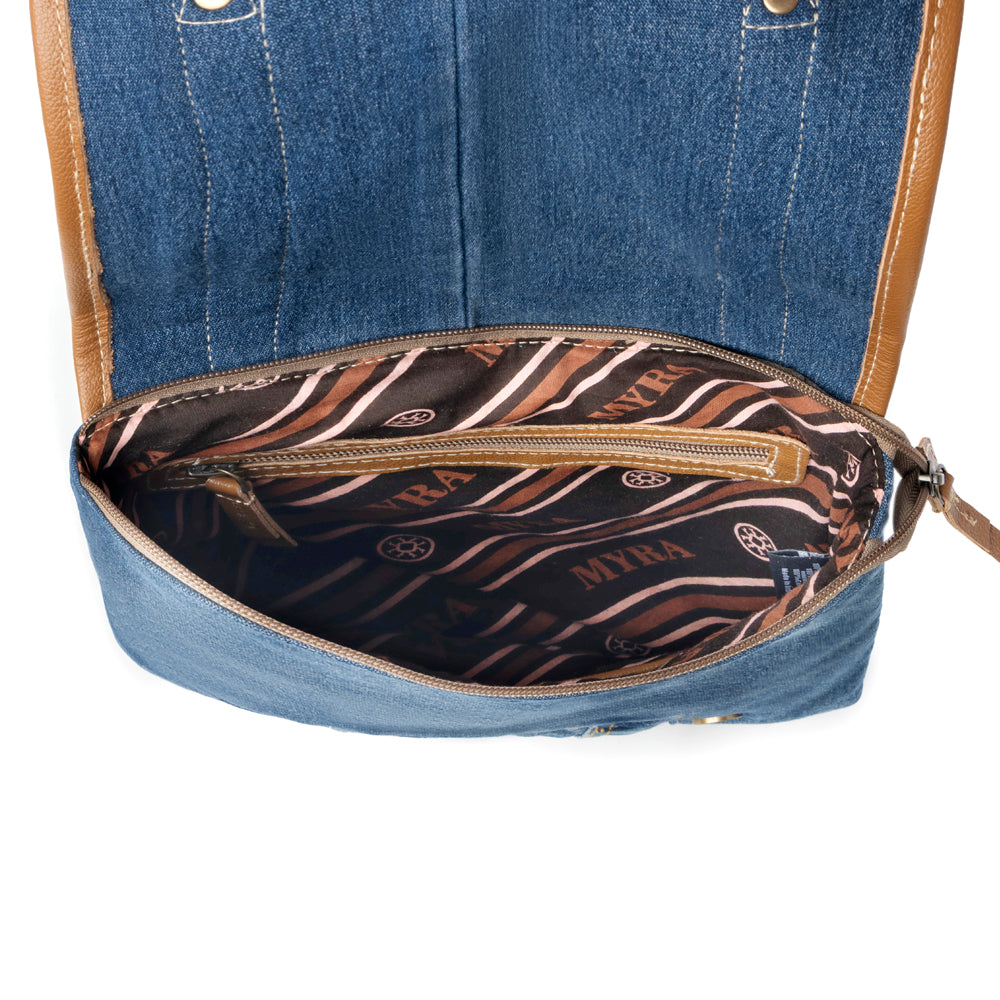 Myra USA upcycled canvas bag in denim blue with leather accents, vintage style concealed-carry bag for women.