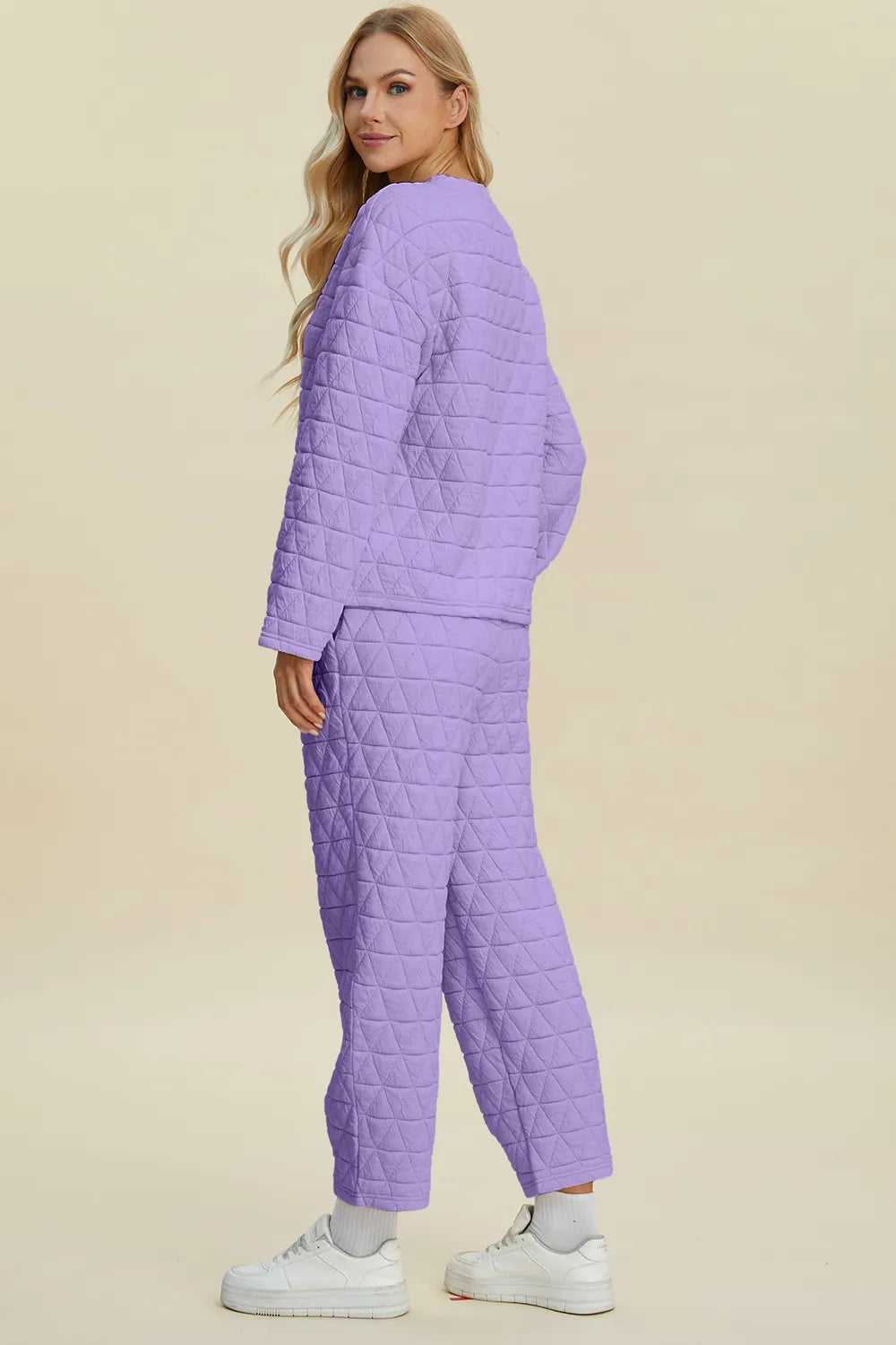 Beige Trendsi Double Take full-size textured round neck long sleeve top and matching pants set, casual and comfortable.