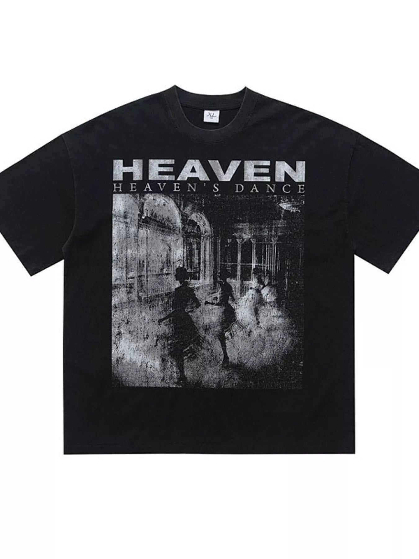 Men's black graphic round neck short sleeve T-shirt by Trendsi, featuring bold printed design on soft cotton fabric.