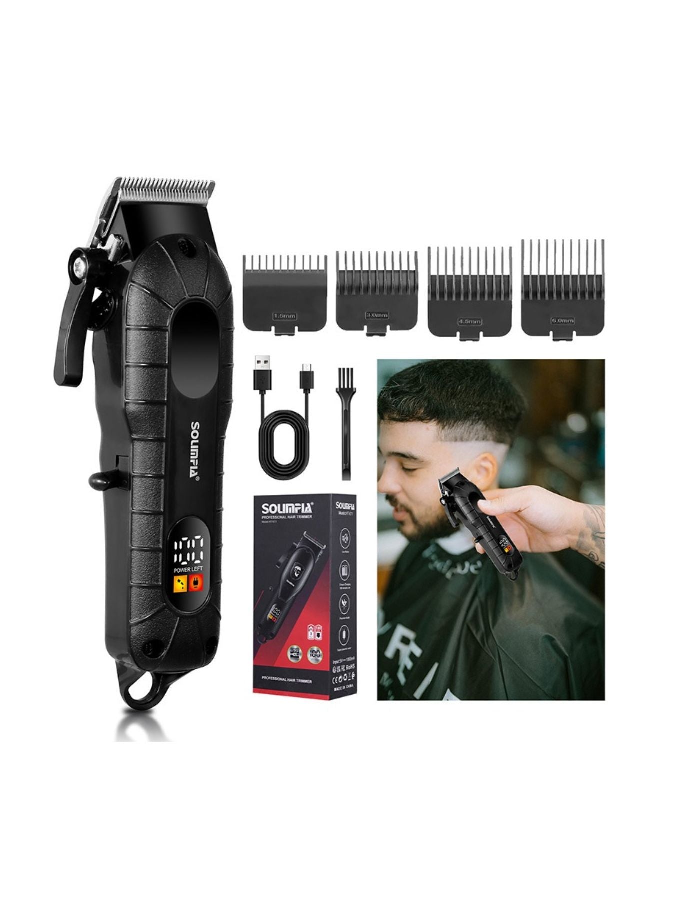 Black cordless hair clipper with LED display from Trendsi, featuring a sleek design and adjustable cutting lengths.