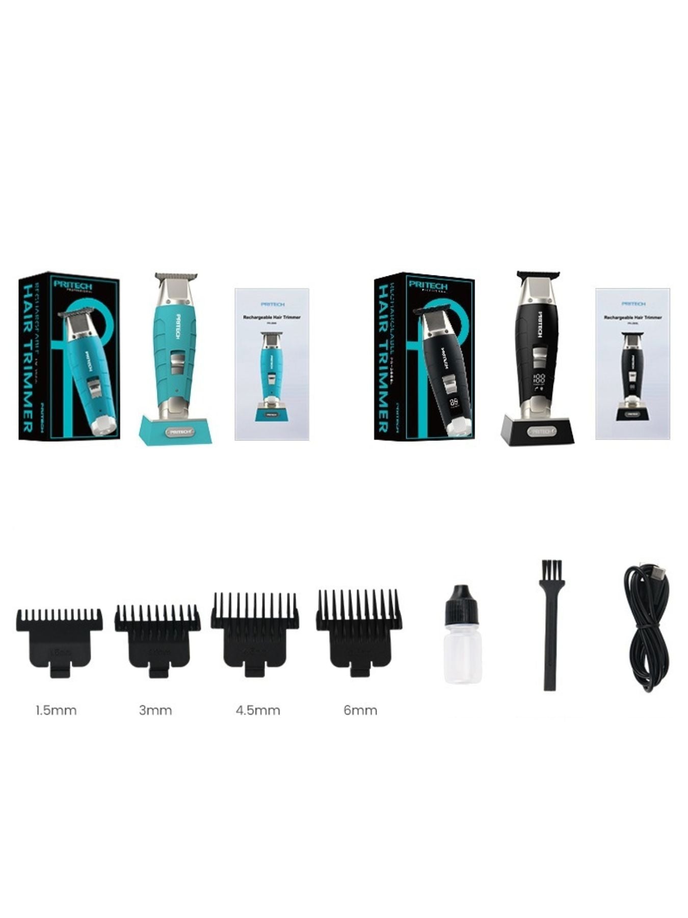 Black cordless rechargeable hair clipper by Trendsi with a sleek design, shown with adjustable blades and ergonomic grip.