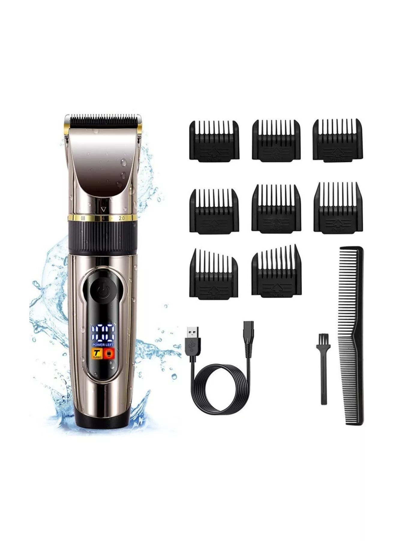 Black waterproof hair clipper with LED display and adjustable blades, designed for easy hair trimming and grooming.