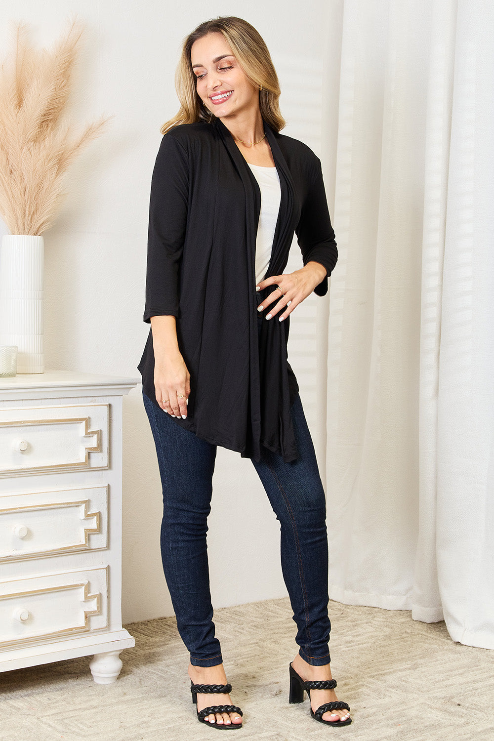 Black Culture Code full-size open front cardigan by Trendsi, featuring a cozy, lightweight knit with long sleeves and a relaxed fit.