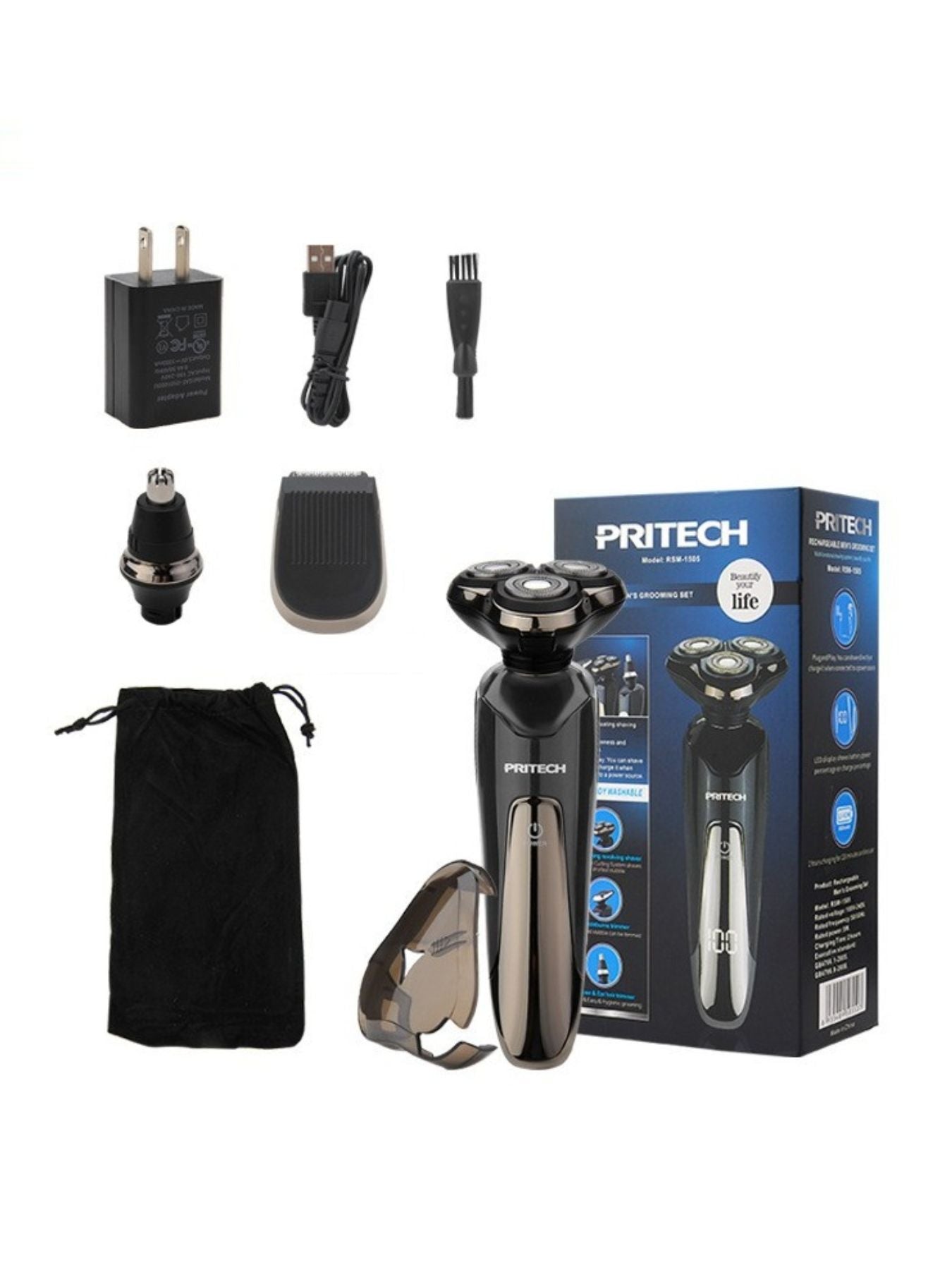 Blue 3-in-1 electric rotary shaver by Trendsi with multiple shaving heads and ergonomic handle for smooth grooming.
