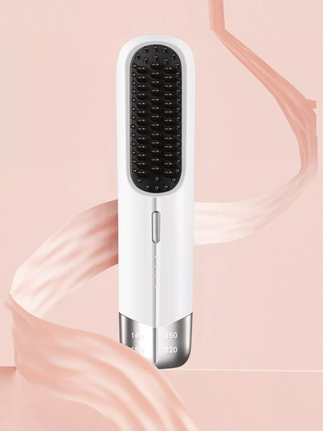 Blush pink portable wireless ionic straightener brush for hair by Trendsi, showing the compact, ergonomic design and ceramic bristles.