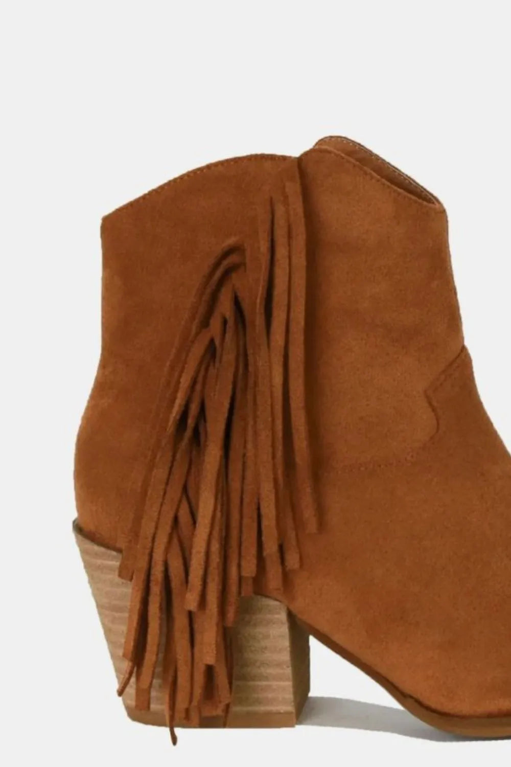 Beast Fashion caramel suede ankle boots with fringe detailing, pointed toe, and low block heel, stylish and trendy footwear.