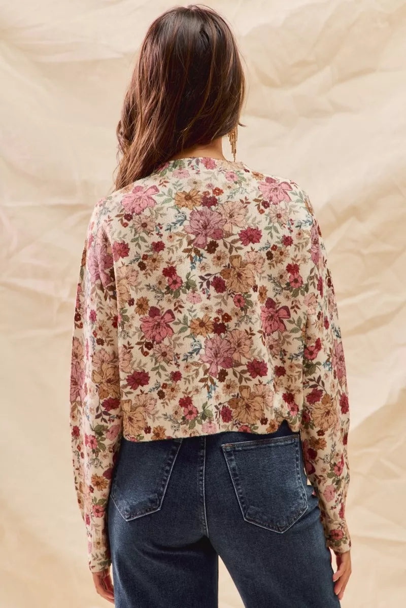 Trendsi SO ME floral print button-front sweater cardigan in clay rose, featuring a cozy knit design and vibrant floral pattern.