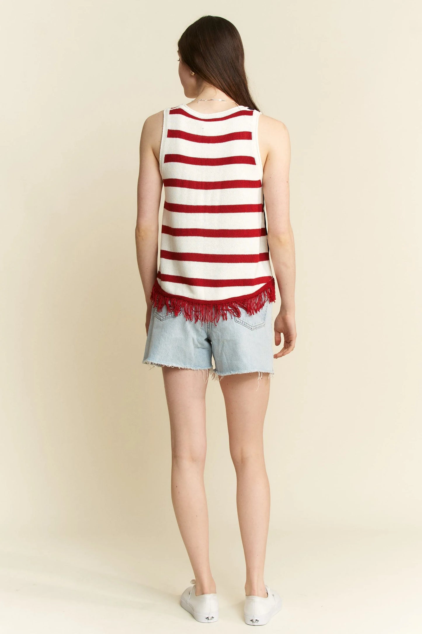 Plus size Jade By Jane American flag fringe tank top, cream color, full size, trendy sleeveless shirt with patriotic design