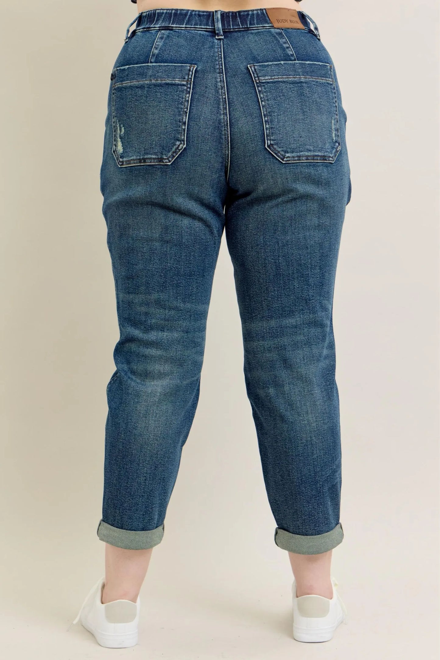 Dark wash Judy Blue full-size vintage wash jeans with drawstring waist, plus size, featuring classic denim details and relaxed fit.