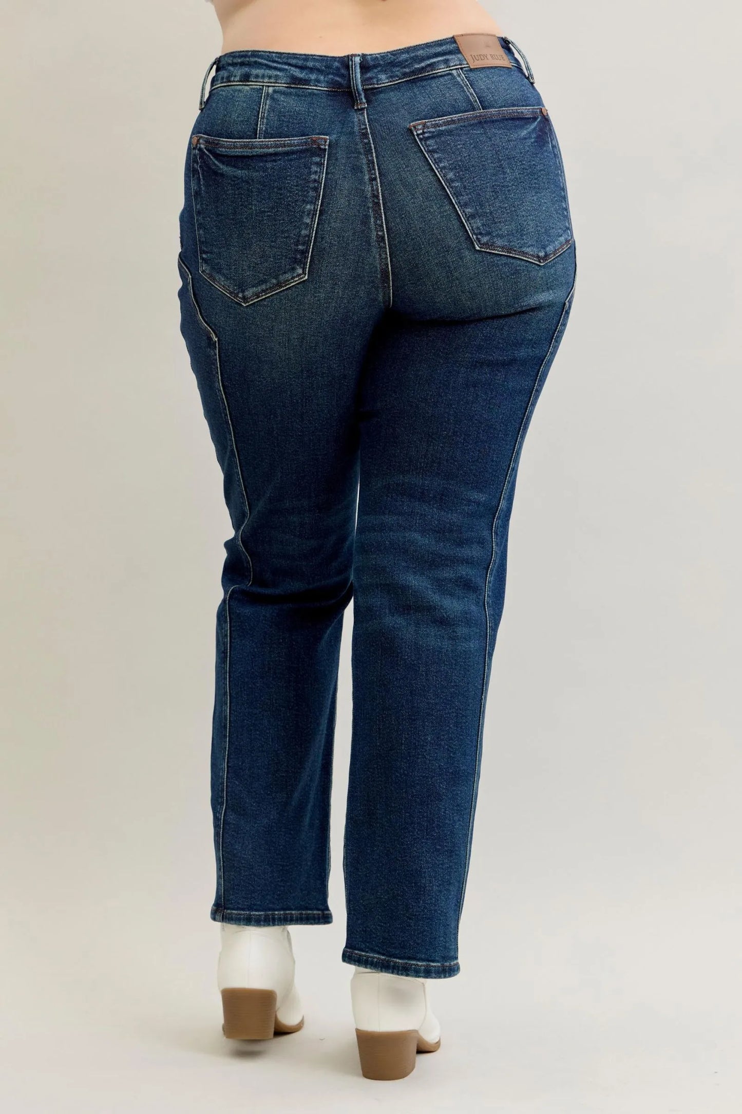 Dark wash Judy Blue full size straight leg jeans with seam detail, plus size, showcasing the classic fit and stylish design.