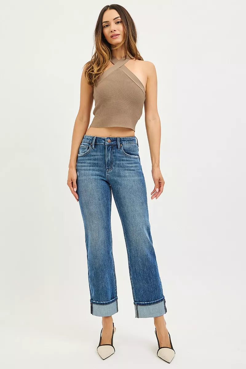 Dark plus size RISEN full size 4-way stretch slouchy straight jeans with cuffed hem, designed by Trendsi.