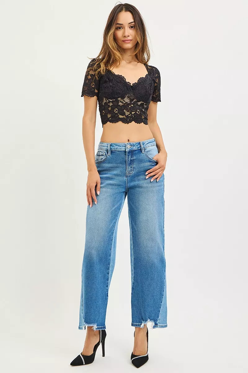 Dark wash RISEN full size slouchy cropped barrel jeans with contrast wash, plus size, from Trendsi.