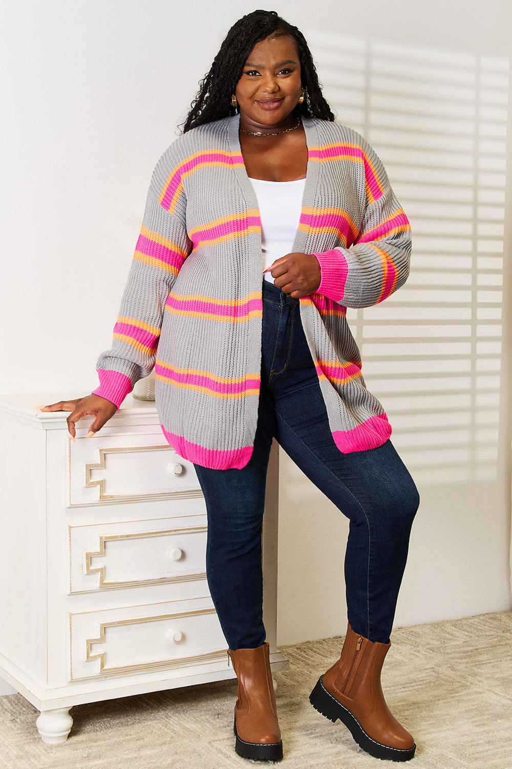 Dark gray woven right ribbed long sleeve cardigan by Trendsi, featuring a cozy, textured knit design and fitted ribbed cuffs.