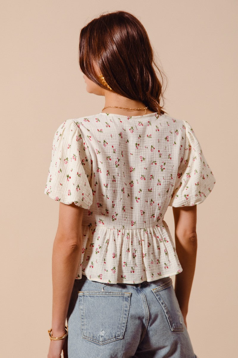 Ivory and red check SO ME ditsy floral print gauze tie-front blouse by Trendsi, featuring a lightweight, flowy fabric and floral pattern.