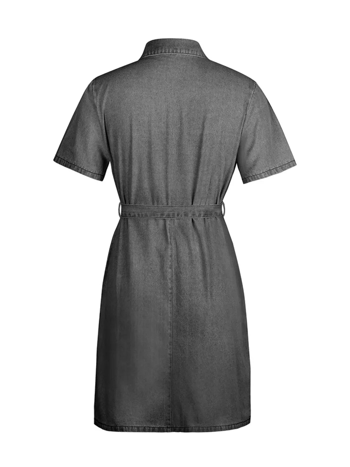 Light blue plus size denim dress with zip front and short sleeves, trendy and casual by Trendsi.