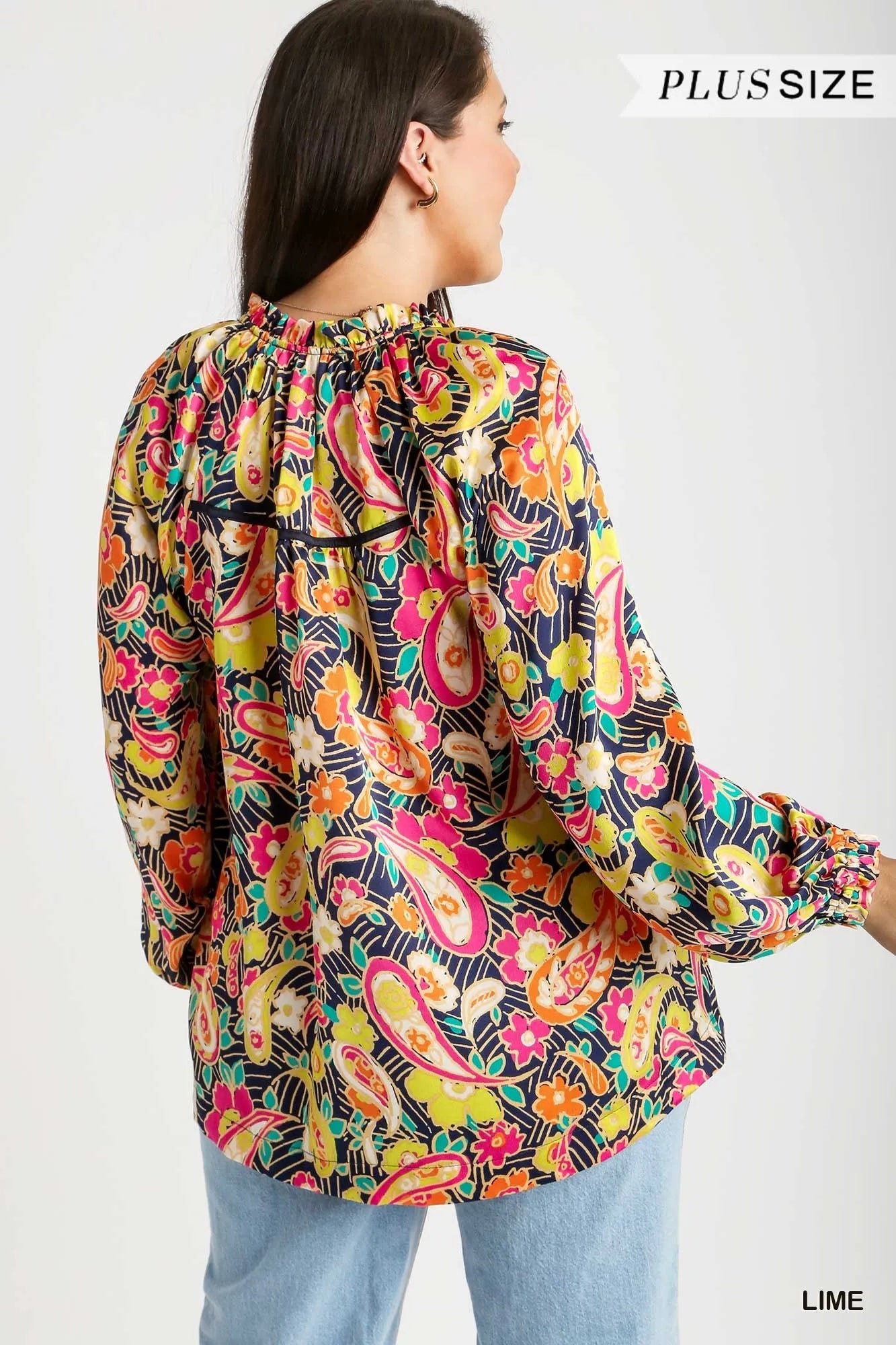 Plus size satin paisley ruffle neck button-up shirt by Umgee, featuring a stylish design and vibrant lime color.