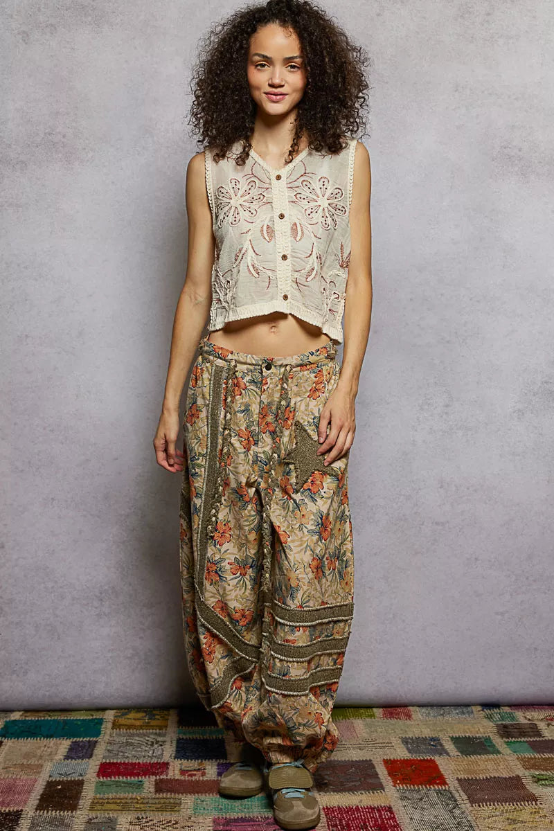Natural brick-colored POL floral embroidered cropped crochet vest by Trendsi, showcasing detailed embroidery and lightweight knit texture.