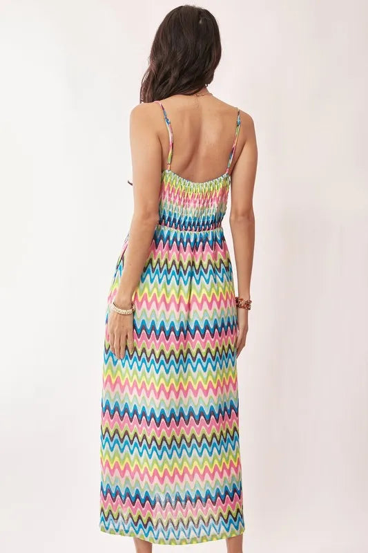 Multi-color crochet lace midi dress by Davi & Dani featuring pink and blue tones, stylish and lightweight for summer.