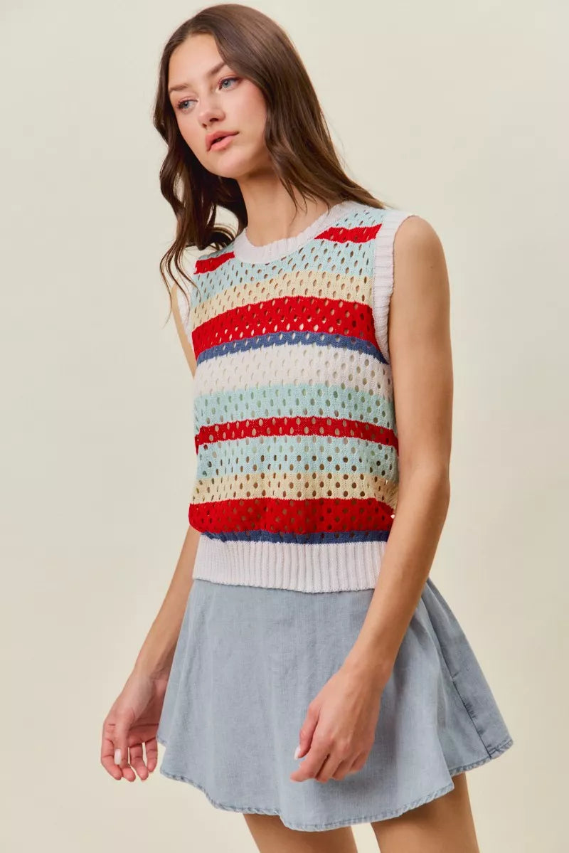 Red multi-stripe SO ME sweater knit tank top with tie-back detail, casual sleeveless top by Trendsi.