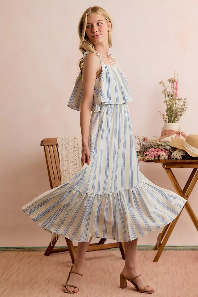 White and blue stripe SO ME tiered midi dress with shoulder ties and lining, stylish dress by Trendsi.