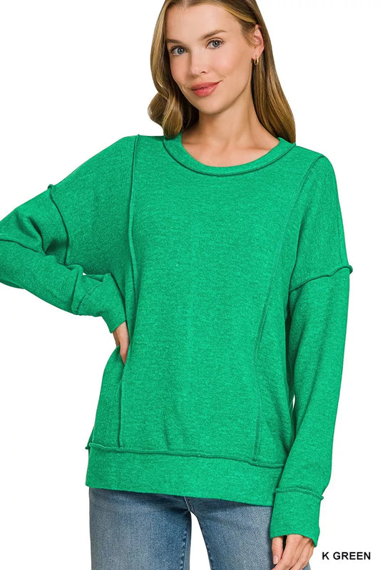 Brushed hacci drop shoulder sweater by Zenana, featuring a cozy, soft knit fabric and relaxed fit in a stylish, casual design.