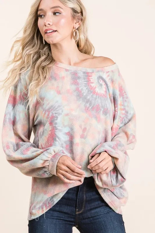 Brushed tie dye print top with puff sleeves from Trendsi, featuring a relaxed fit and vibrant color pattern.