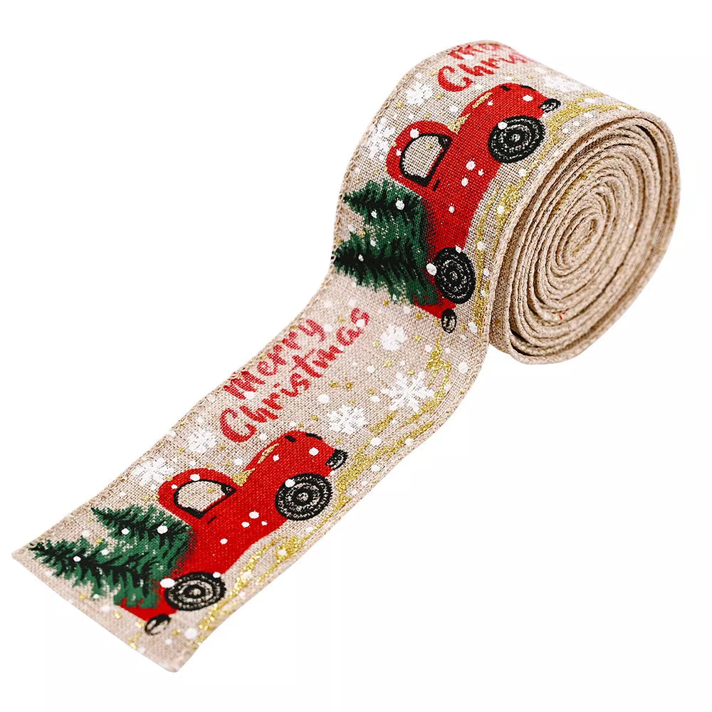 Decorative car and Christmas tree ribbon from Trendsi, featuring festive red and green woven fabric with holiday-themed patterns.
