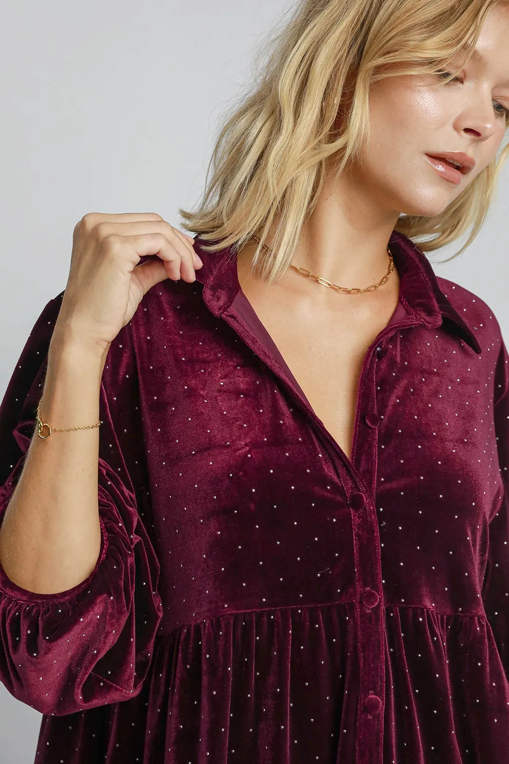 Umgee polka dot button-up shirt with half sleeves, featuring a full size fit and trendy design, ideal for casual wear.
