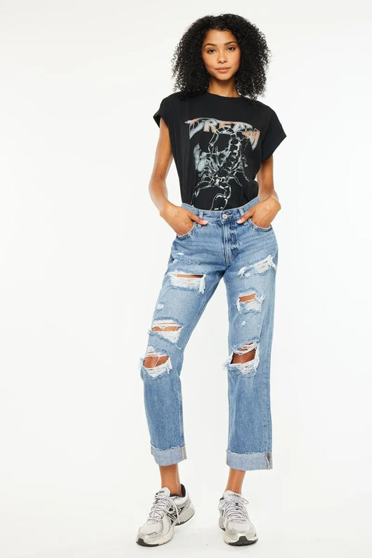 Kancan mid-rise distressed boyfriend fit jeans with rips and fading, styled on a model showing front and back views.