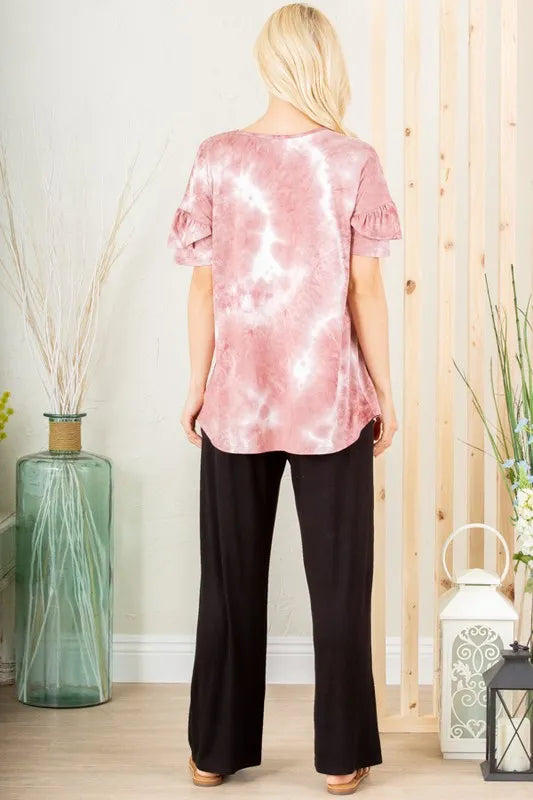 Plus size Heimish tie dye top with ruffled sleeves, featuring a relaxed fit and vibrant swirl pattern, perfect for casual wear.