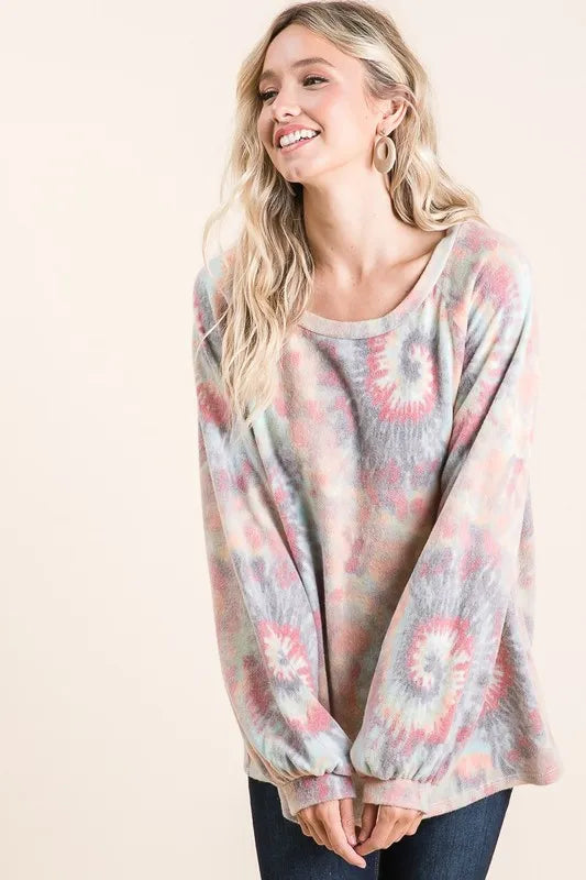 Brushed tie dye print top with puff sleeves by Trendsi, featuring a relaxed fit and vibrant colors.