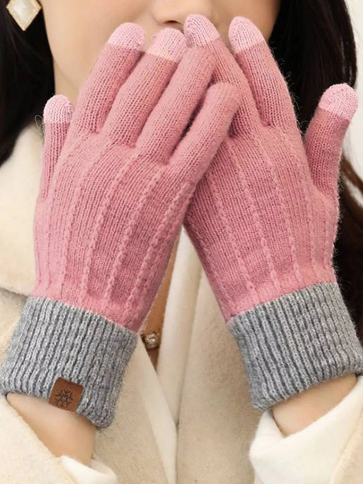 Warm knitted touchscreen gloves by Trendsi, showing cozy knit fabric and touchscreen fingertips for smartphone use.