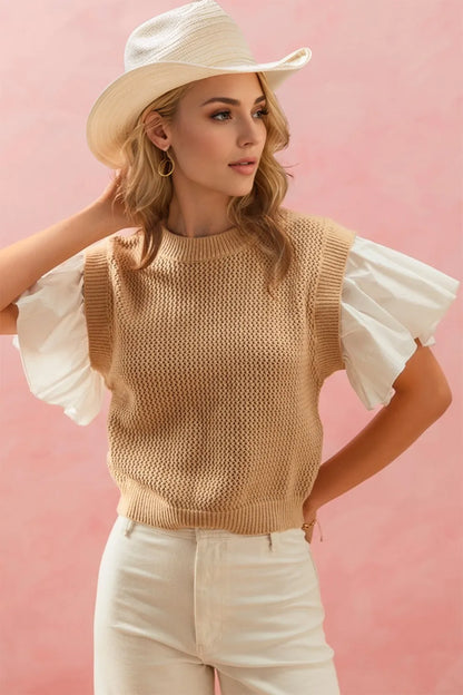 Full size ruffled round neck short sleeve sweater by Trendsi, shown in pink with ruffle details and a cozy knit texture.