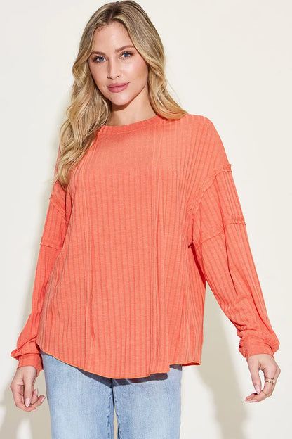 Basic Bae ribbed round neck long sleeve T-shirt by Trendsi, shown in full size with a fitted ribbed design and long sleeves.