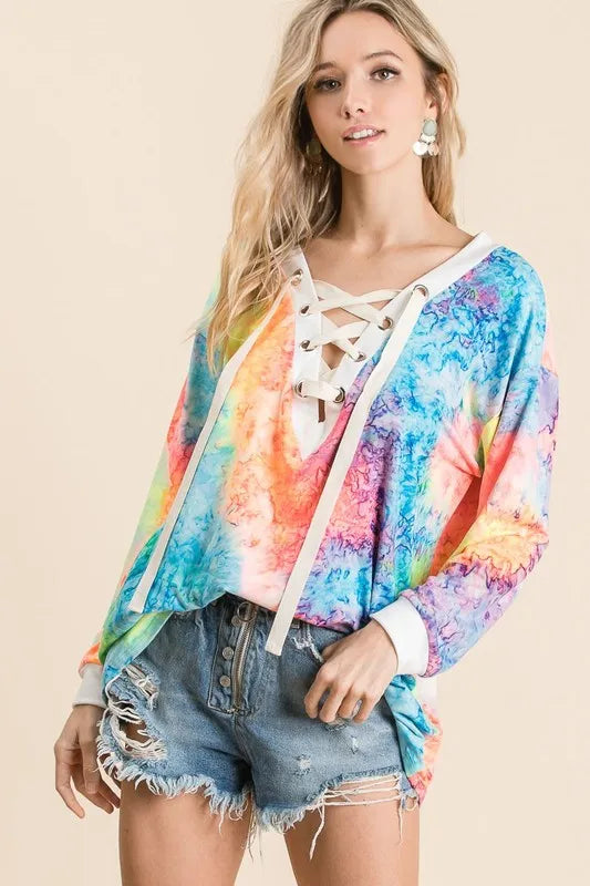 Colorful BiBi Tie Dye deep V-neck top with lace-up front, trendy and casual for a stylish look.