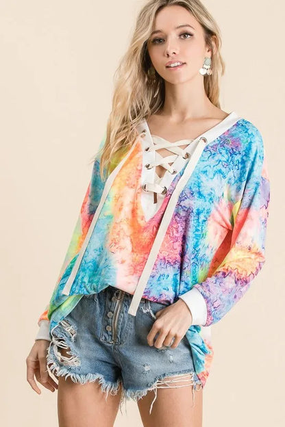 Colorful BiBi Tie Dye deep V-neck top with lace-up front, trendy and casual for a stylish look.