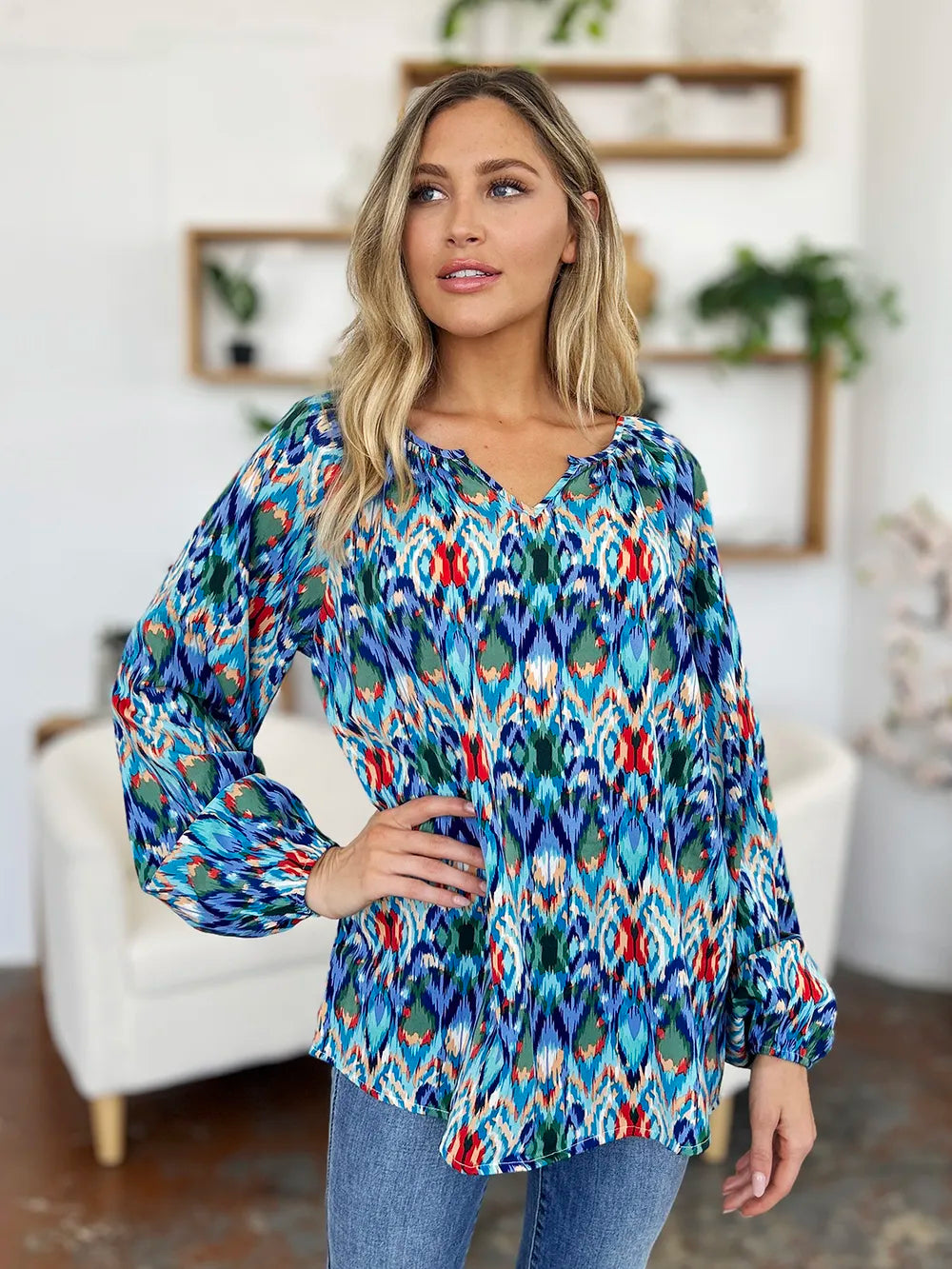 Printed balloon sleeve blouse from Trendsi featuring a double take full size design with bold print and stylish balloon sleeves.
