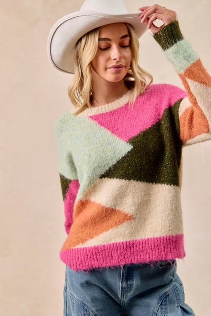 Colorful BiBi multi-color block sweater top from Trendsi, featuring a cozy knit design and vibrant color blocks.