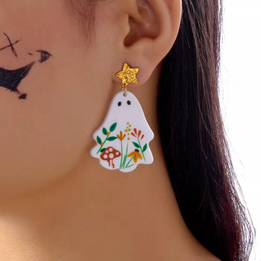 Whimsical ghost earrings with floral design by Trendsi, featuring playful ghost figures adorned with delicate floral accents.