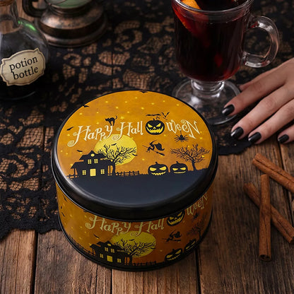 Halloween decorative metal candy tin with spooky design, ideal for trick-or-treating or festive decor.