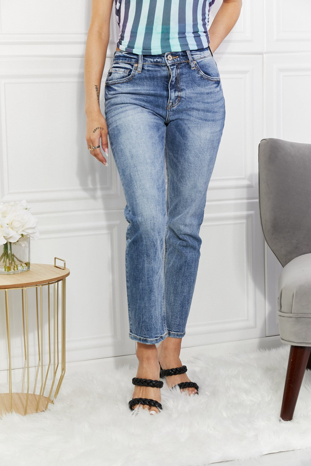 Plus size Kancan Amara high rise slim straight jeans by Trendsi, showcasing the full-length denim with a high waist and straight leg fit.