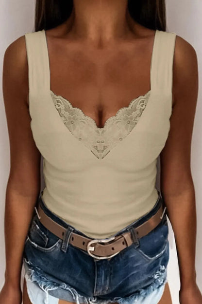 Plus size lace detail V-neck tank top by Trendsi, showcasing a full-size, lightweight sleeveless shirt with delicate lace accents.