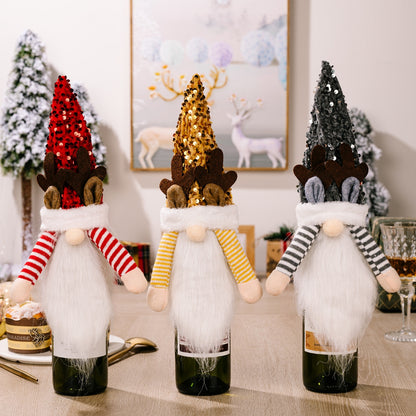 Sequin pointed wine bottle cover with a stylish design, perfect for festive occasions, on a white background.